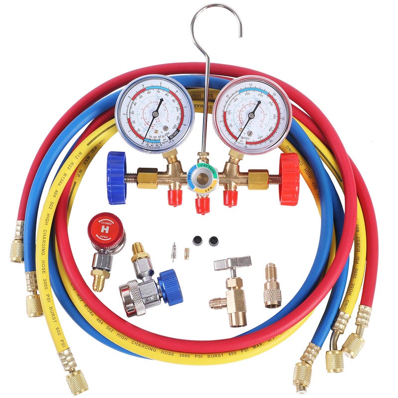 JIFETOR 3 Way AC Manifold Gauge Set, HVAC Diagnostic Charging Tool for Auto Household R404A R134A Refrigerant, with 5FT Hose, Adjustable Quick Coupler, Can Tap and Adapter - Image 1